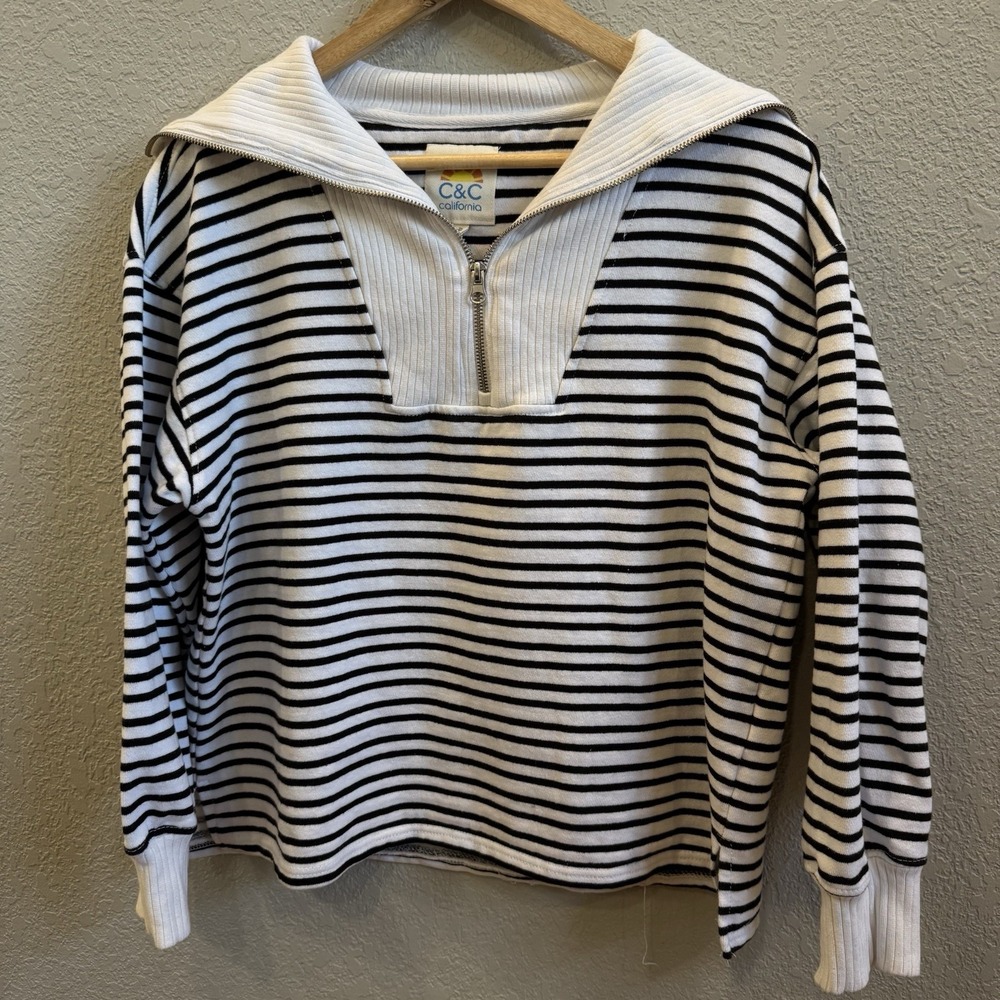 Black/White Stripe 1/4 Zip Sweater Sweatshirt C&C California Cotton Blend - S